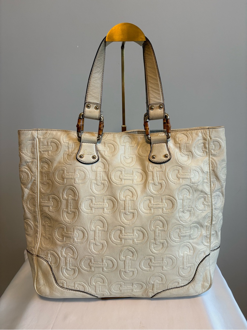 Gucci White Horsebit Embossed Leather Tote - as is condition